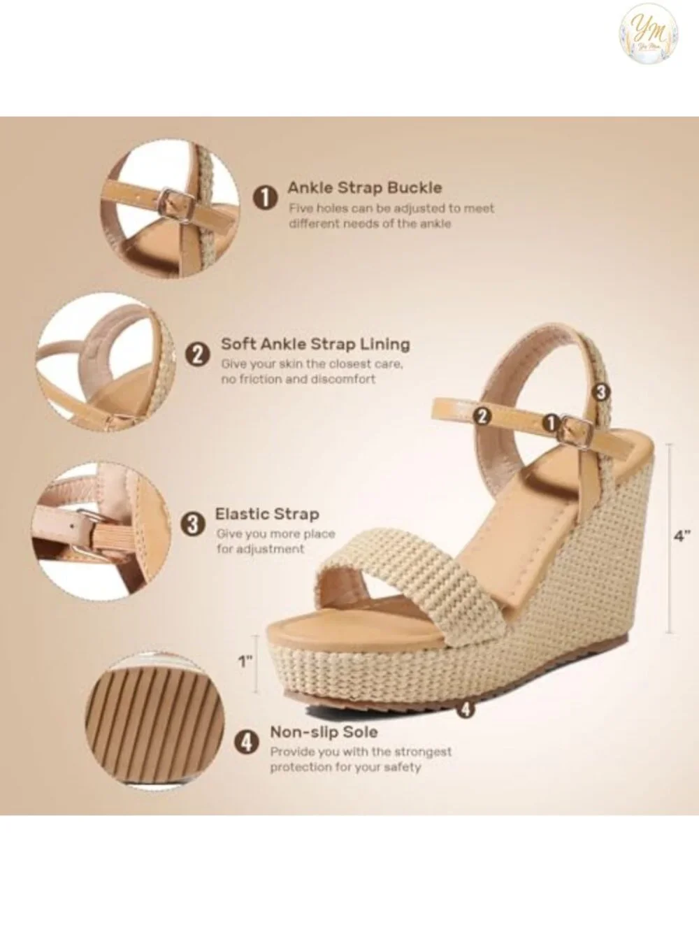 Women's Espadrille Wedge Sandals Open Toe PU Platform Ankle Strap